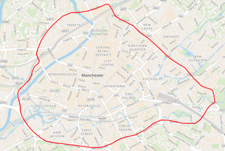 Map of Section 60 currently in place across Manchester city centre.